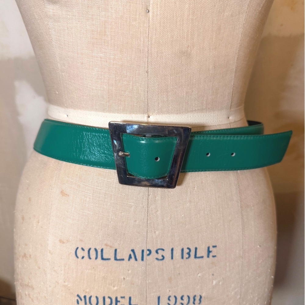 Morgan Taylor Vintage Mod Style Green Leather Belt Silver Buckle Womens Large